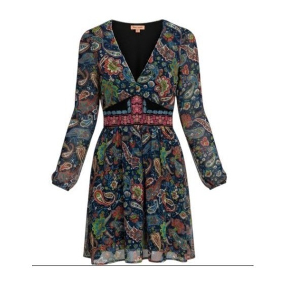Flying Tomato Mini Dress Sz XS Paisley Boho Embroidered V-Neck Long Sleeve Blue